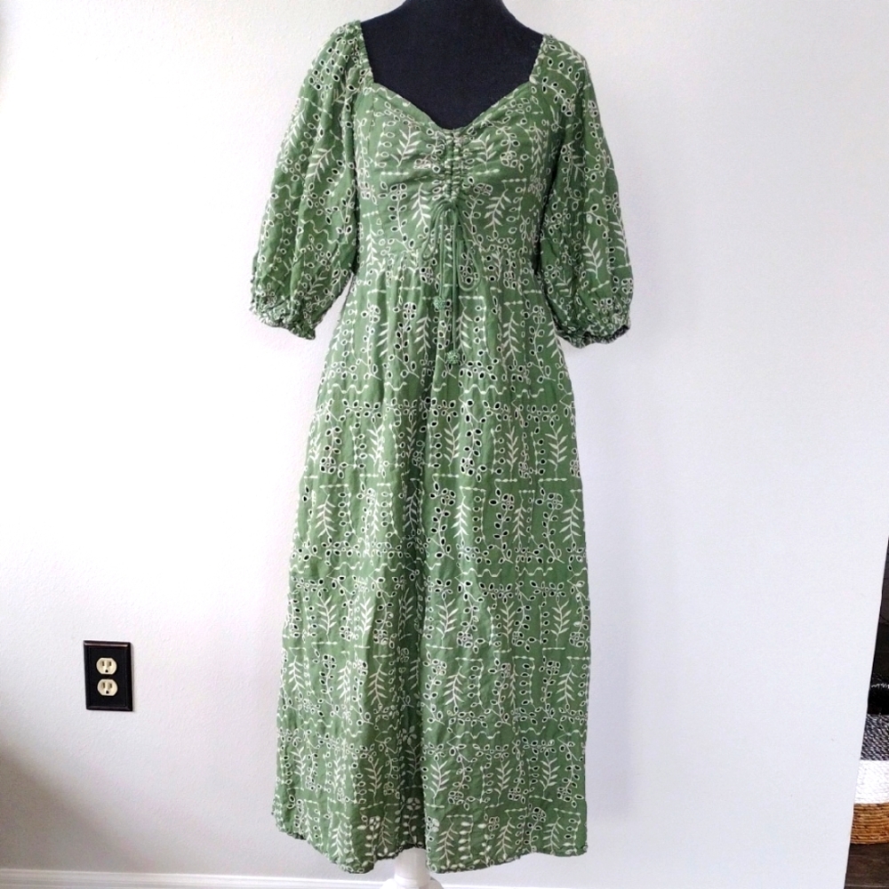 Joie 100% Cotton Eyelet Puffed Sleeve Open Back Midi Dress.